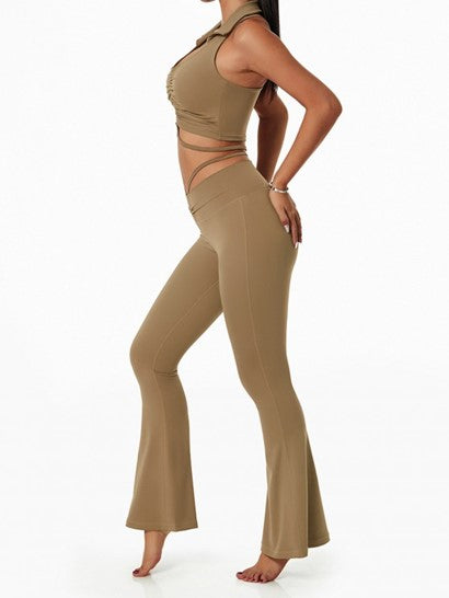 Cinched Racerback Tank Top With Midriff Flossing Flare Leggings Set