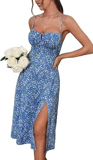 Women's Summer Split Thigh Spaghetti Strap Cami Midi Floral Dress