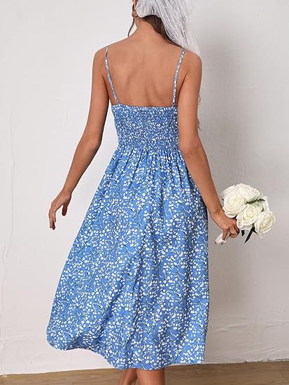 Women's Summer Split Thigh Spaghetti Strap Cami Midi Floral Dress