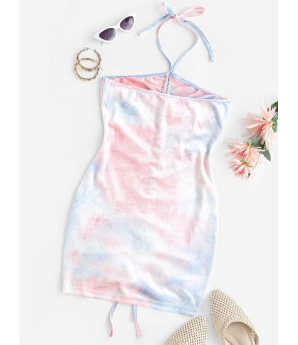 Tie Dye Velvet Cinched Bodycon Ruched Dress