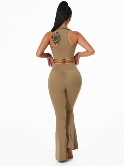 Cinched Racerback Tank Top With Midriff Flossing Flare Leggings Set