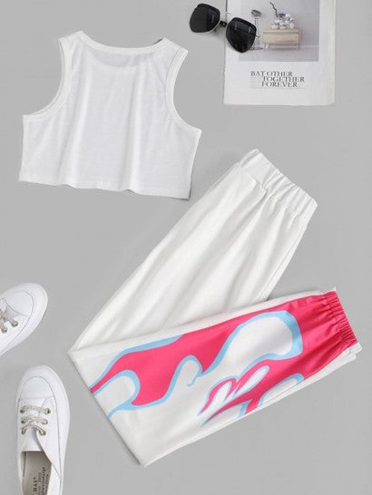 Flame Print Sleeveless Pocket Sport Pants Set
